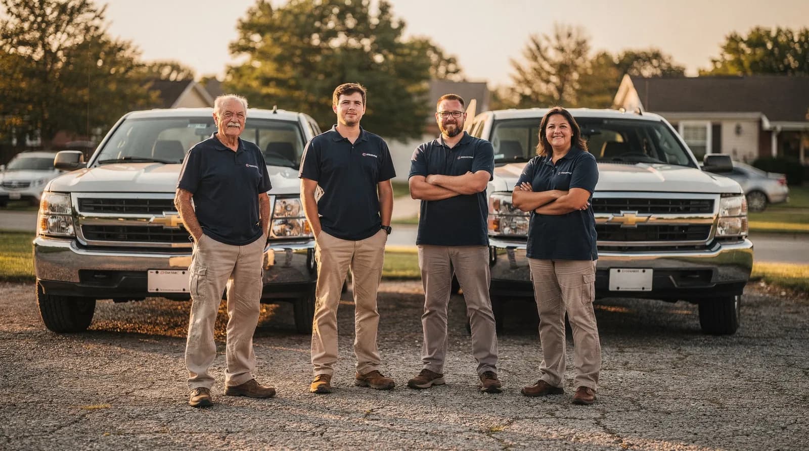 Crew photo in front of the trucks