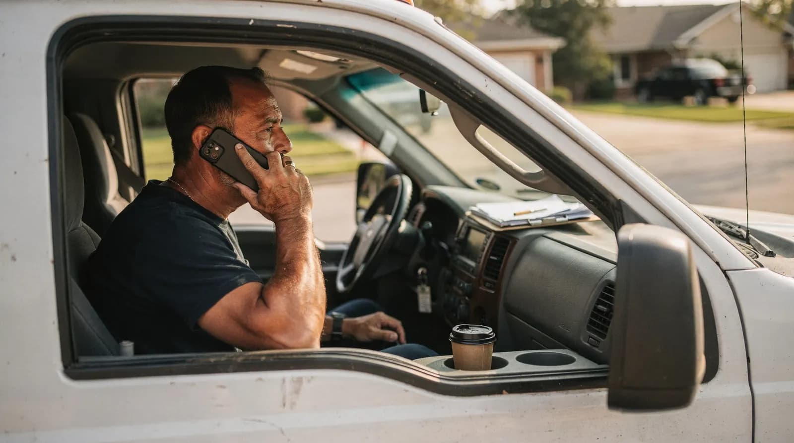Owner answering a call in the truck