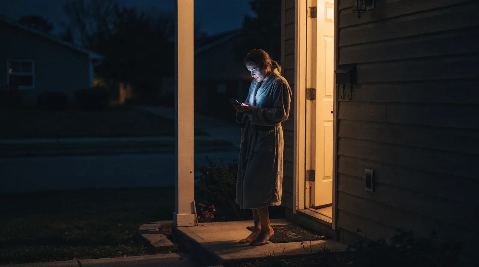Porch light on at night with a phone lit up