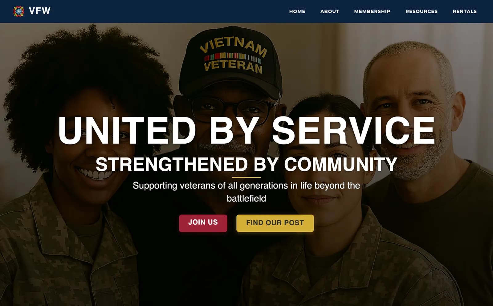A group of veterans standing in front of a VFW post